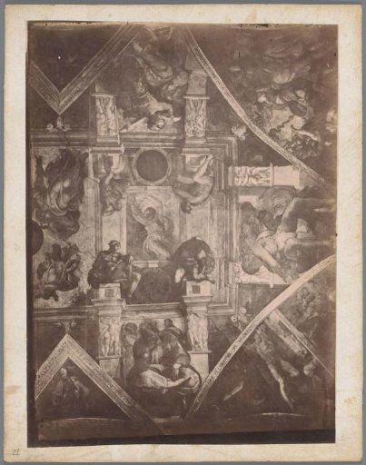 Photographic reproduction of the frescoes on the ceiling of the Sistine Chapel by Michelangelo, depicting the separation of light and darkness