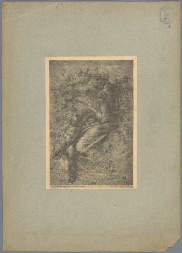 Photographic reproduction of a sketch by Michelangelo, depicting a figure with a putto