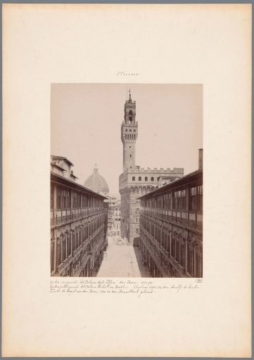 View of the Palazzo Vecchio in Florence, with the Uffizi in the foreground and the dome of the Duomo in the background