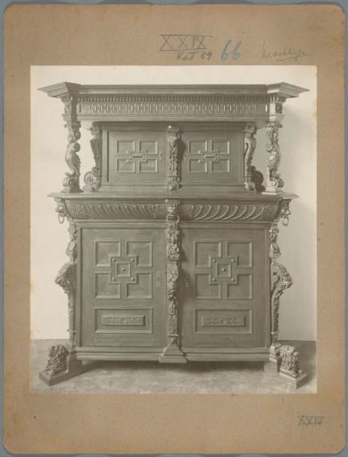 Cabinet ornamented with lions, Christian figures, and plant motifs