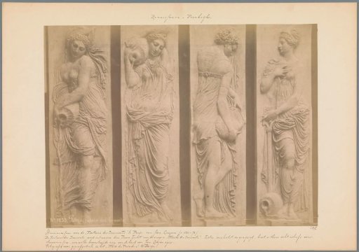 Four plaster casts of the reliefs of the Fontaine des Innocents in Paris, depicting women with water jugs