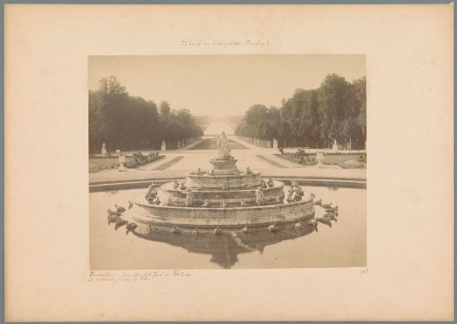 View of the garden of the Palace of Versailles with the Latona Fountain in the foreground