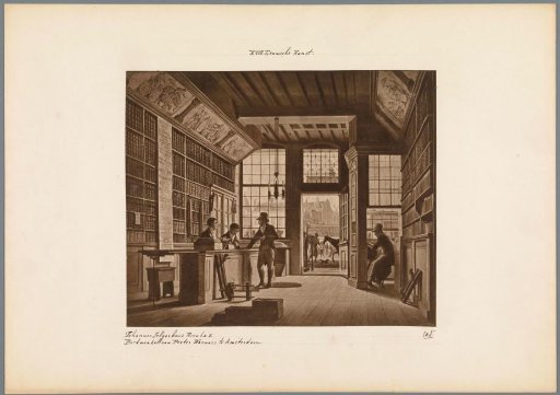 Photoprint of the painting The Bookshop of Bookseller Pieter Meijer Warnars on the Vijgendam in Amsterdam by Johannes Jelgerhuis