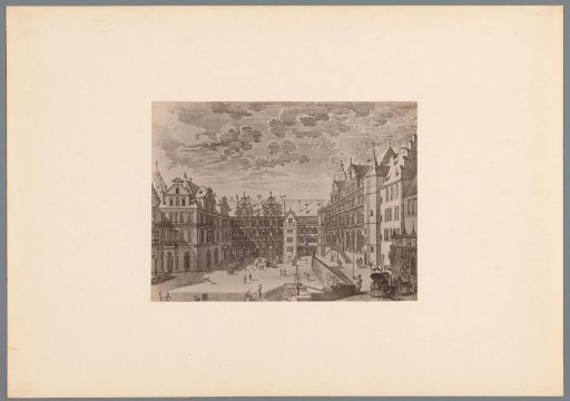 Photographic reproduction of a print depicting the courtyard of Heidelberg Castle with people, animals, and carriages