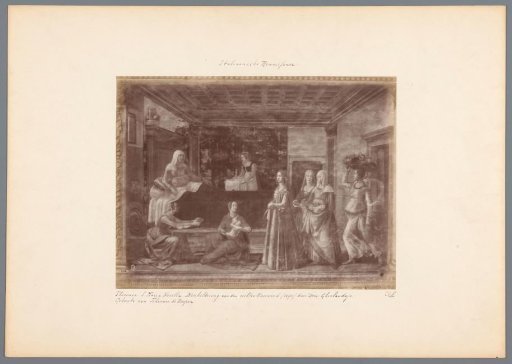Photographic reproduction of a fresco in Santa Maria Novella in Florence by Domenico Ghirlandaio, depicting the birth of John the Baptist