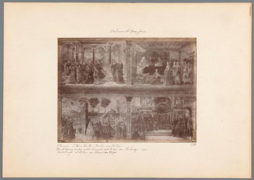 Photographic reproduction of a fresco in Santa Maria Novella in Florence by Domenico Ghirlandaio and others, depicting passages from the life of John the Baptist