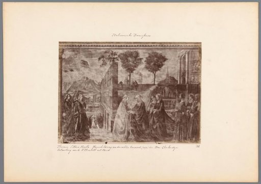 Photographic reproduction of a fresco in Santa Maria Novella in Florence by Domenico Ghirlandaio, depicting the meeting of Elizabeth and Mary