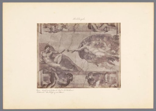 Photographic reproduction of the fresco The Creation of Adam, painted by Michelangelo in the Sistine Chapel in Rome