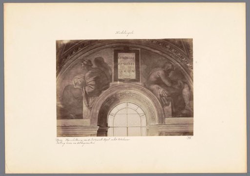 Photographic reproduction of a detail of the fresco by Michelangelo in the Sistine Chapel in Rome, depicting Hezekiah, Manasseh, and Amon
