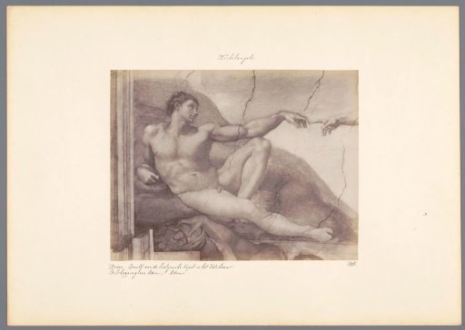 Photographic reproduction of a detail from the fresco The Creation of Adam by Michelangelo in the Sistine Chapel in Rome, depicting Adam