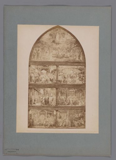 Photographic reproduction of a fresco with scenes from the lives of John the Baptist and Mary after Domenico Ghirlandaio in the Santa Maria Novella in Florence, Italy