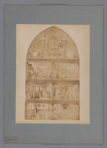 Photographic reproduction of a fresco with scenes from the lives of John the Baptist and Mary after Domenico Ghirlandaio in the Santa Maria Novella in Florence, Italy