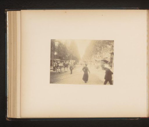 Street Scene in France with Horse-Drawn Carriages and a Tram