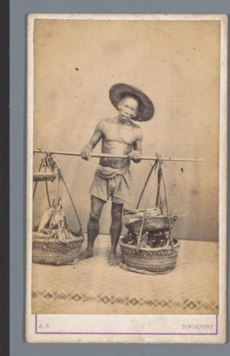 Studio portrait of an Asian man with two baskets of provisions