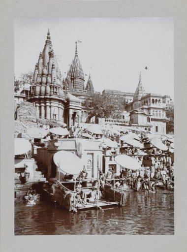 People and temples by the Ganga river at Varanasi, Uttar Pradesh, India