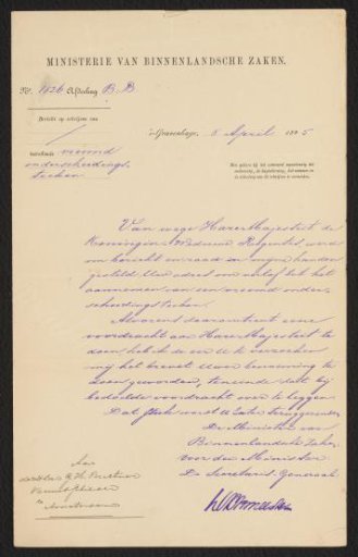 Letter addressed to George Hendrik Breitner from the Ministry of the Interior concerning a foreign decoration