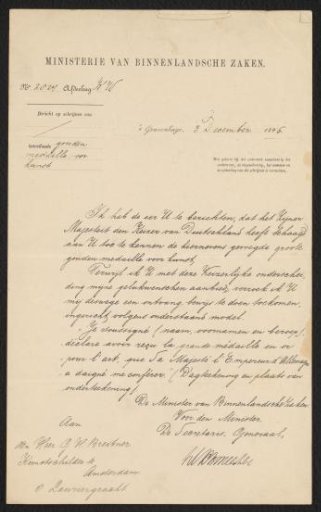 Letter addressed to George Hendrik Breitner from the Ministry of the Interior concerning the winning of a gold medal awarded by the German Emperor