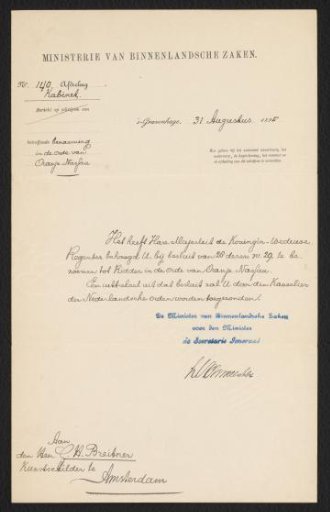 Letter addressed to George Hendrik Breitner from the Ministry of the Interior concerning an appointment in the Order of Orange-Nassau