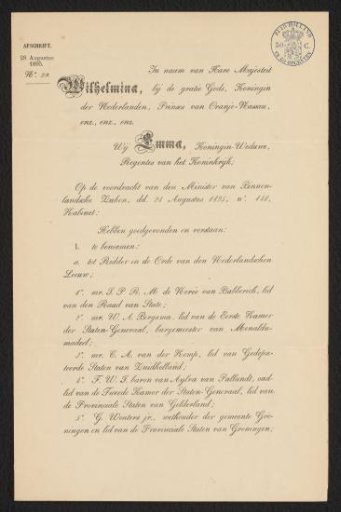 Copy addressed to George Hendrik Breitner from the Royal Household concerning an appointment in the Order of Orange-Nassau
