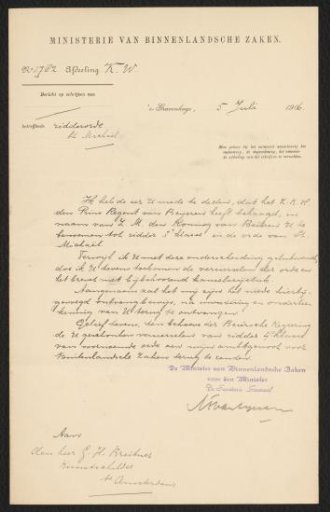 Letter addressed to George Hendrik Breitner from the Ministry of the Interior concerning an appointment as Knight Third Class in the Order of St. Michael