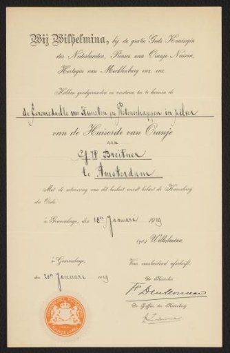 Charter accompanying the Silver Medal for Arts and Sciences of the House Order of Orange, awarded to George Hendrik Breitner