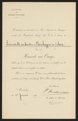 Copy accompanying the Silver Medal for Arts and Sciences of the House Order of Orange, awarded to George Hendrik Breitner