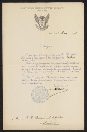 Letter addressed to George Hendrik Breitner concerning his appointment as knight in the Order of Leopold