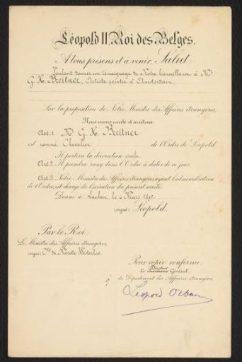 Document containing the appointment of George Hendrik Breitner as knight in the Order of Leopold