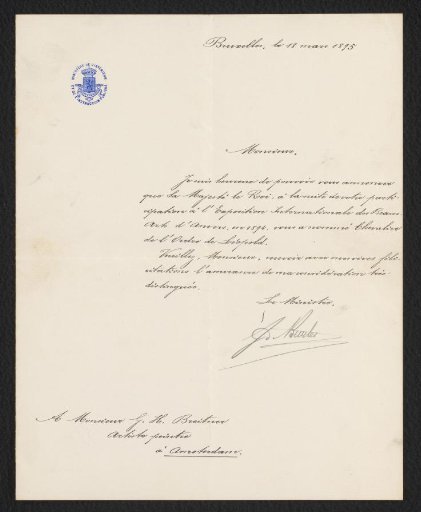 Letter addressed to George Hendrik Breitner concerning the appointment of George Hendrik Breitner as knight in the Order of Leopold