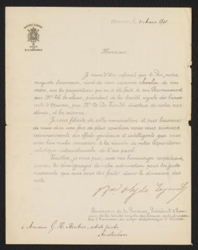 Letter addressed to George Hendrik Breitner, from the Cabinet of the Governor of Antwerp, concerning the appointment of Breitner as a knight of the Order of Leopold