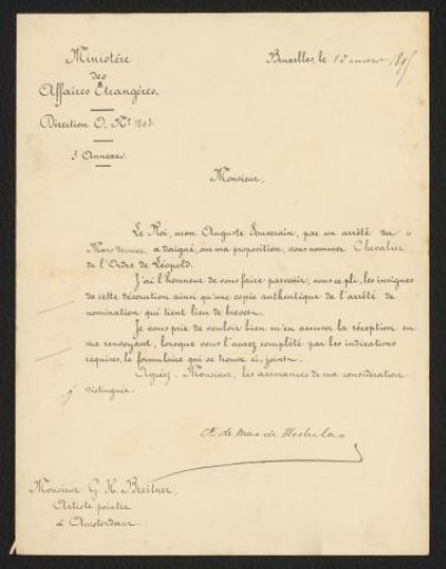 Letter addressed to George Hendrik Breitner, from the Belgian Ministry of Foreign Affairs, concerning the appointment of Breitner as a knight of the Order of Leopold