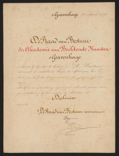 Diploma of the Academy of Fine Arts The Hague awarded to George Hendrik Breitner