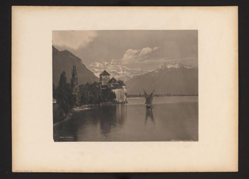Reproduction of a painting of the Castle of Chillon on Lake Geneva, with the Dents du Midi in the background