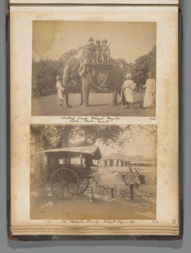 Three British Military Personnel on an Elephant, Assisted by Four Servants