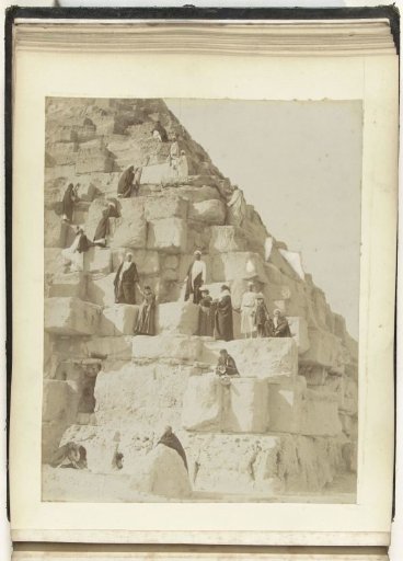 Three Women Climbing the Pyramid of Cheops Under Local Guidance