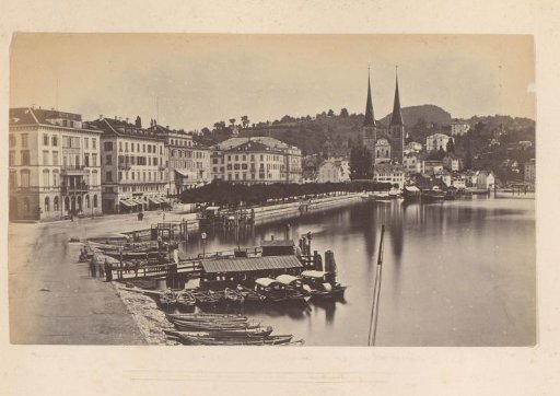 View of a Harbor, Row of Houses, and Church, Possibly in Switzerland