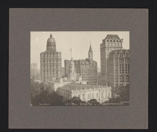 View of various buildings in New York, including City Hall, the Tribune, the Times, and the American Tract Society