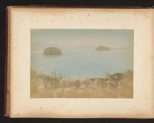 View Over a Lagoon in Japan from a Cliff, with Several Tombstones in the Foreground