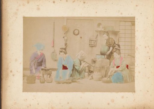 Five Japanese women preparing a meal