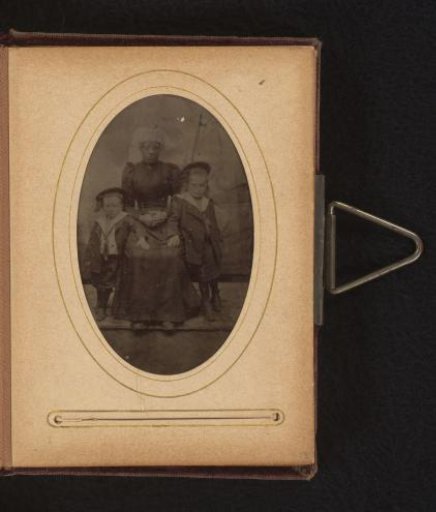 Portrait of a girl and boy dressed as sailors and a woman, presumably the children's governess
