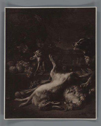 Photographic reproduction of the painting A Monkey and a Dog with Dead Game and Fruit by Jan Weenix