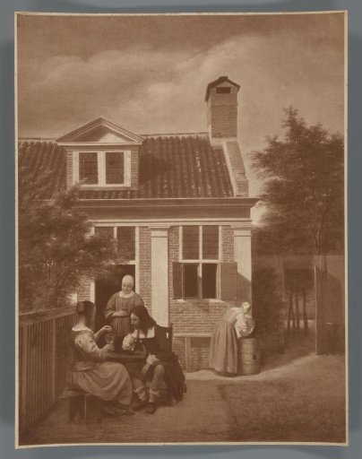 Photographic reproduction of the painting A Company in the Courtyard Behind a House by Pieter de Hooch