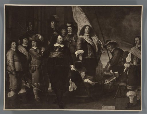 Photographic reproduction of a part of the painting The Company of Captain Joan Huydecoper and Lieutenant Frans van Waveren by Govert Flinck