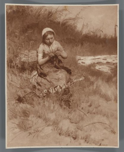 Photographic Reproduction of the Painting The Knitting Girl by Bernardus Johannes Blommers