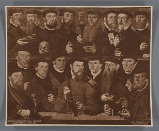 Photographic reproduction of a reproduction of a painted group portrait of seventeen members of the Kloveniersdoelen in Amsterdam