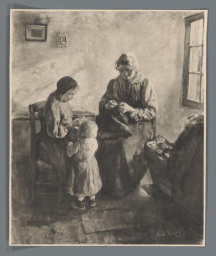 Reproduction of a painting of a mother with two children at a window by Albert Neuhuys