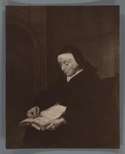 Photographic reproduction of the painting Old Woman in Contemplation by Gabriël Metsu