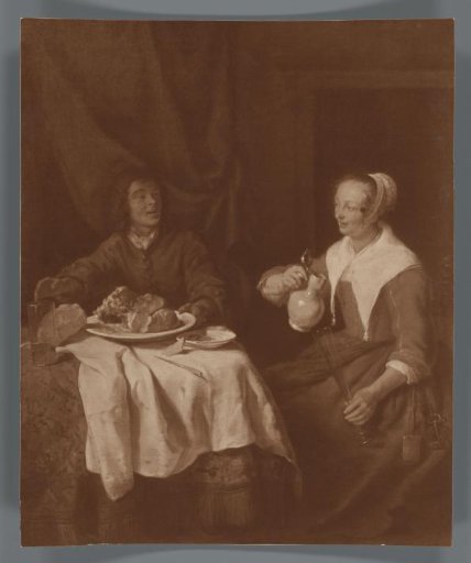 Photographic reproduction of the painting Man and Woman at the Breakfast Table by Gabriël Metsu