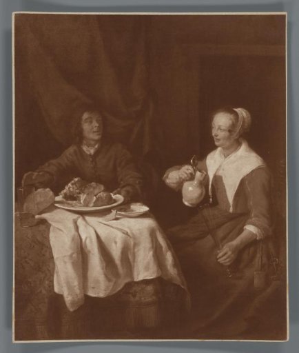 Photographic reproduction of the painting Man and Woman at the Breakfast Table by Gabriël Metsu