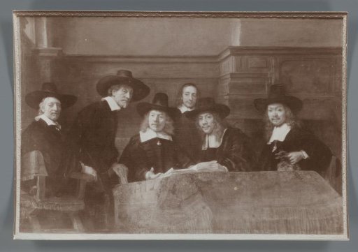 Photographic reproduction of the painting The Syndics of the Amsterdam Drapers' Guild, known as 'The Staalmeesters' by Rembrandt van Rijn